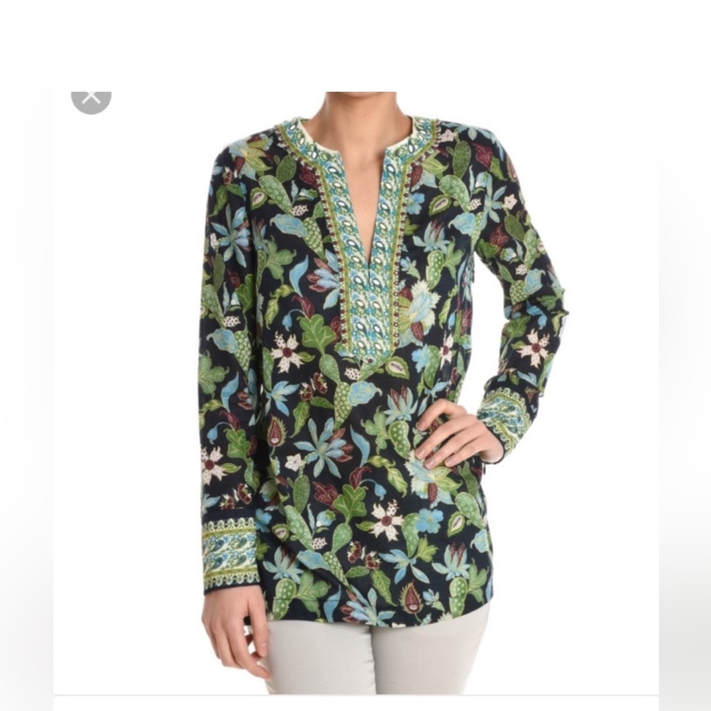 TORY BURCH Embellished Cotton Beaded Tunic Floral Wisteria garden